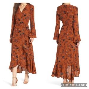 Anthropologie Orange Floral Maxi Wrap Dress Boho